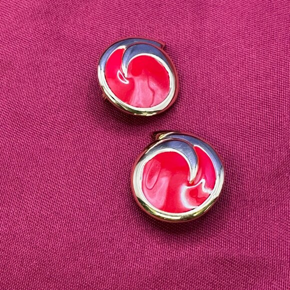VTG Monet Gold-Tone & Red Enamel Clip-On Earrings from 1980s - Picture 1 of 10
